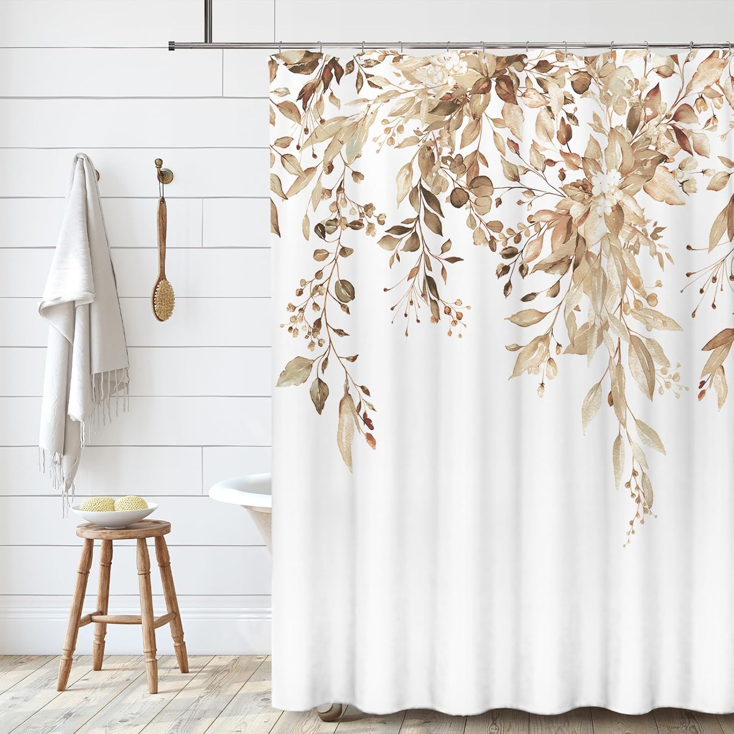 Tititex Tan Light Brown Leaves Faux Linen Shower Curtain Set 72x72 with Hooks