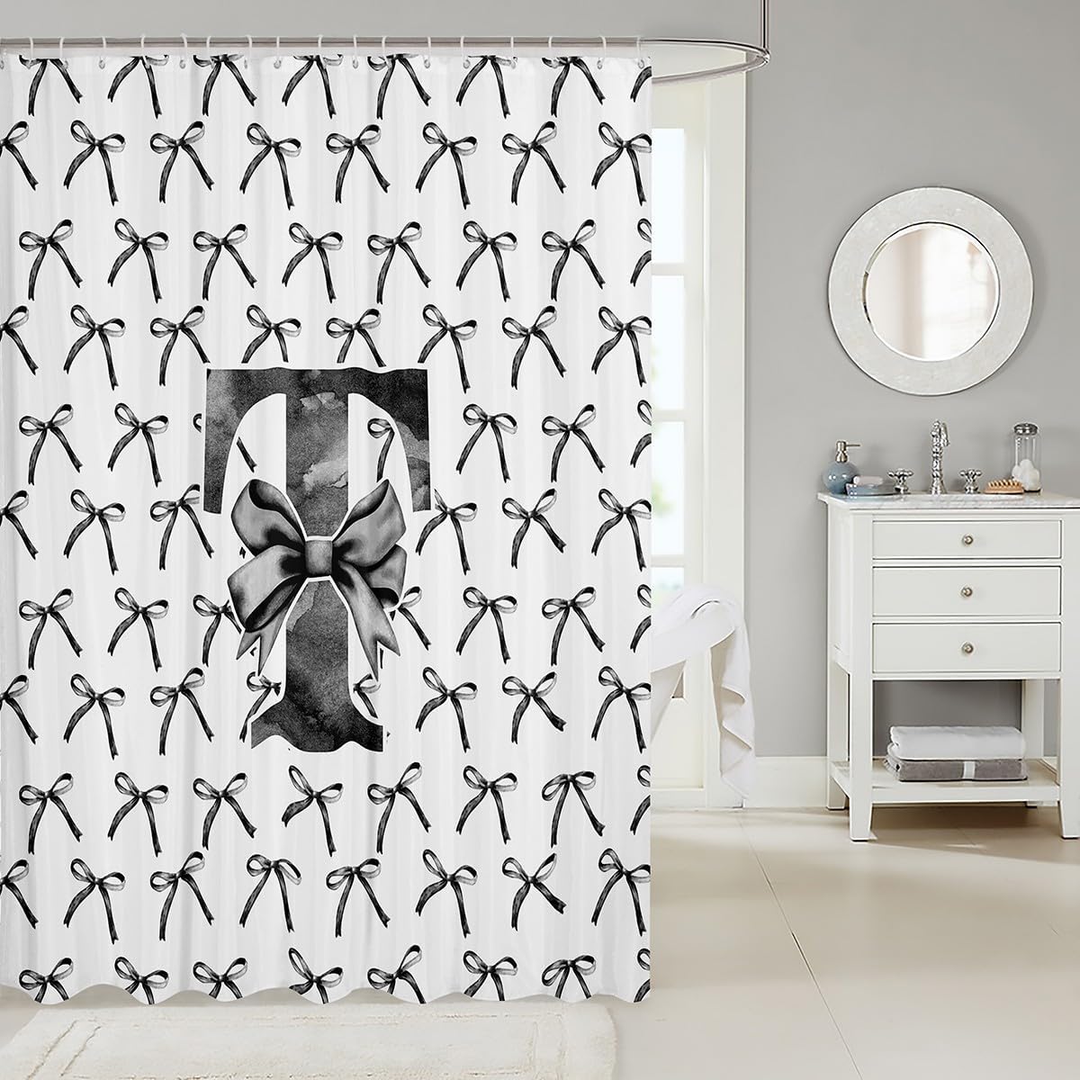 Manfei Cartoon Bowknot Kids Shower Curtain Set 72x72 Black Bow Tie Design