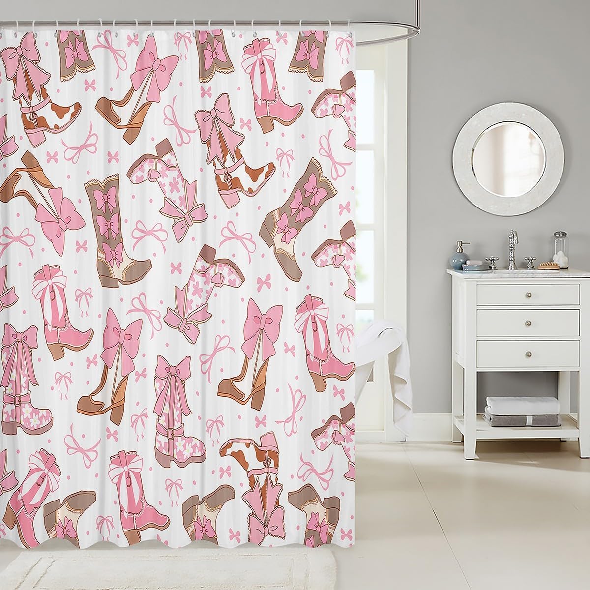 Feelyou Pink Western Bath Curtain Cowgirl Cowboy Boots