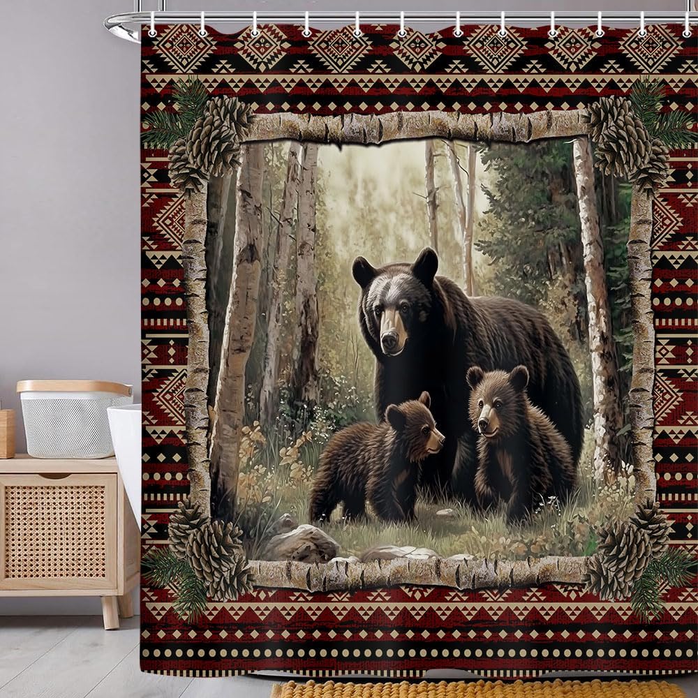 Cabin Bear Shower Curtain Set with Hooks