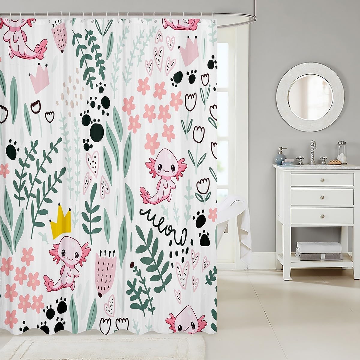 Manfei Axolotl Flower Print Waterproof Shower Curtain Set with 12 Hooks