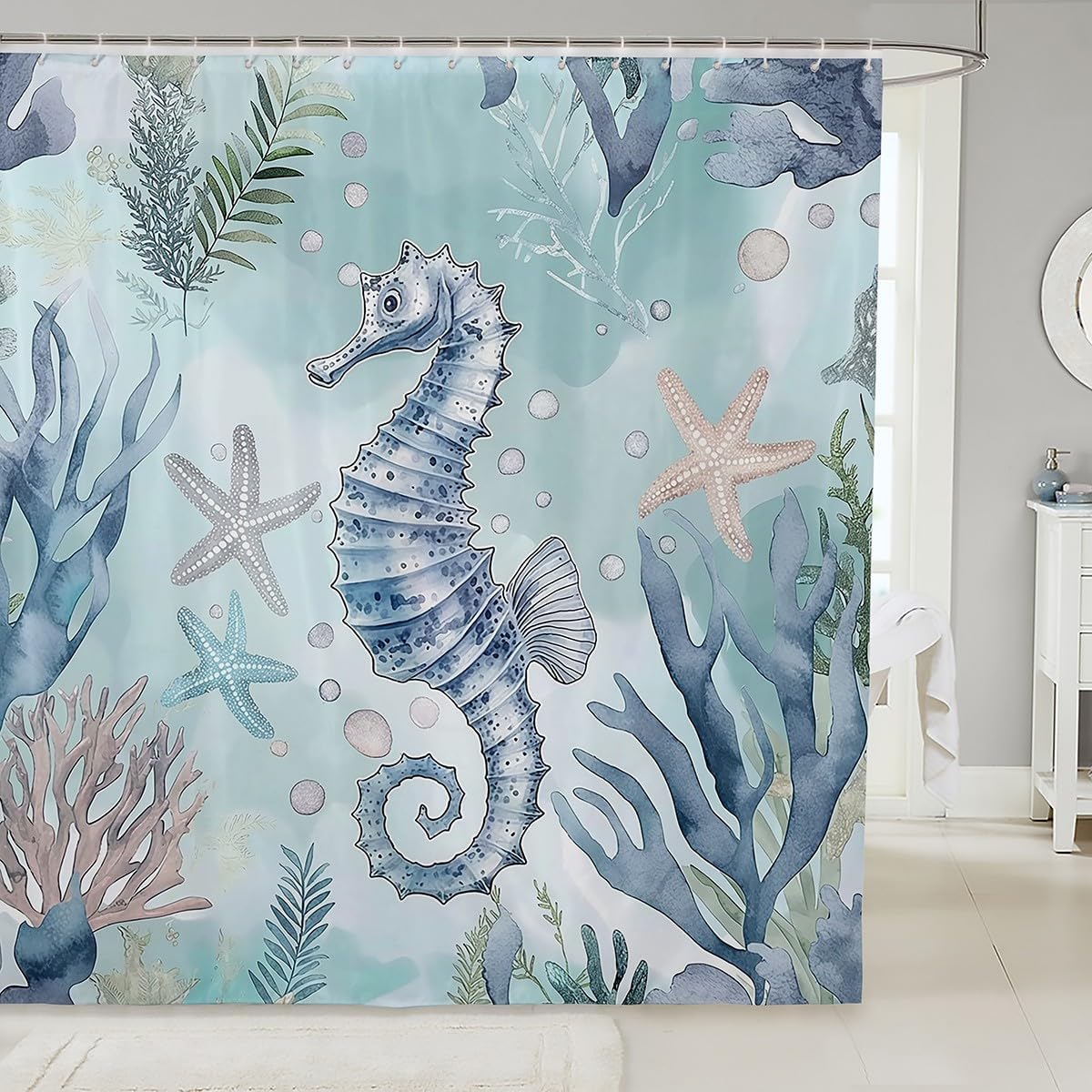 Seahorse Bath Curtain Set Ocean Marine Kids Decor