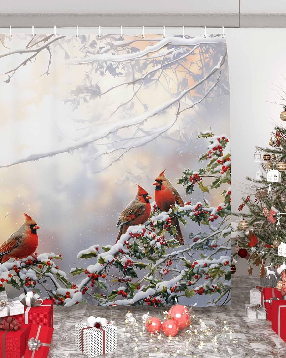 High-Quality Waterproof Bath Shower Curtain with Rustic Winter Birds Design