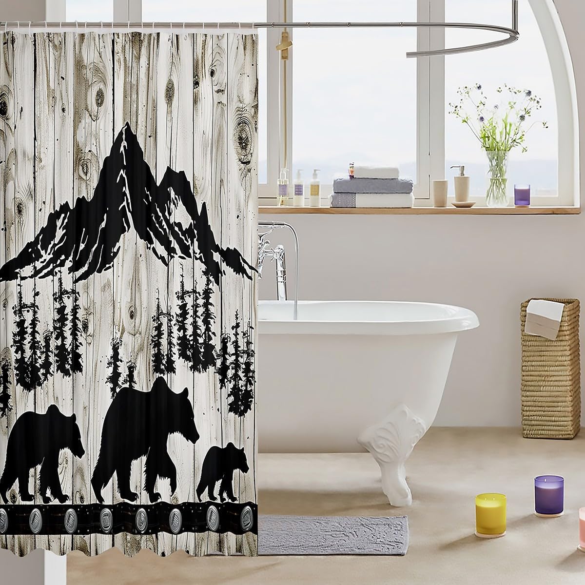 Manfei Bear Shower Curtain Set with 12 Hooks Black Tree Design