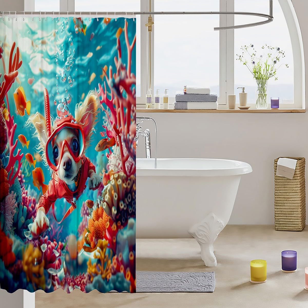 Cute Diving Dog Bathroom Curtain for Kids Adults