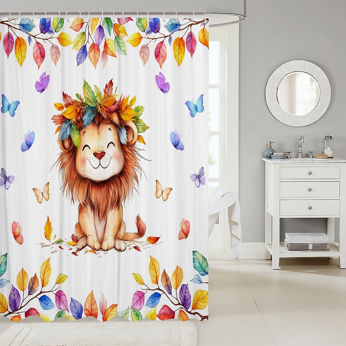 Kawaii Lion Waterproof Bathroom Curtain for Kids