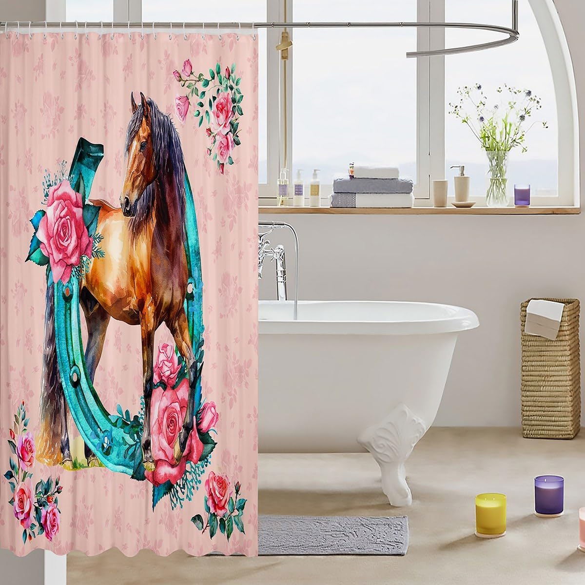 Feelyou Girls Horse Shower Curtain Pink Floral 72x72