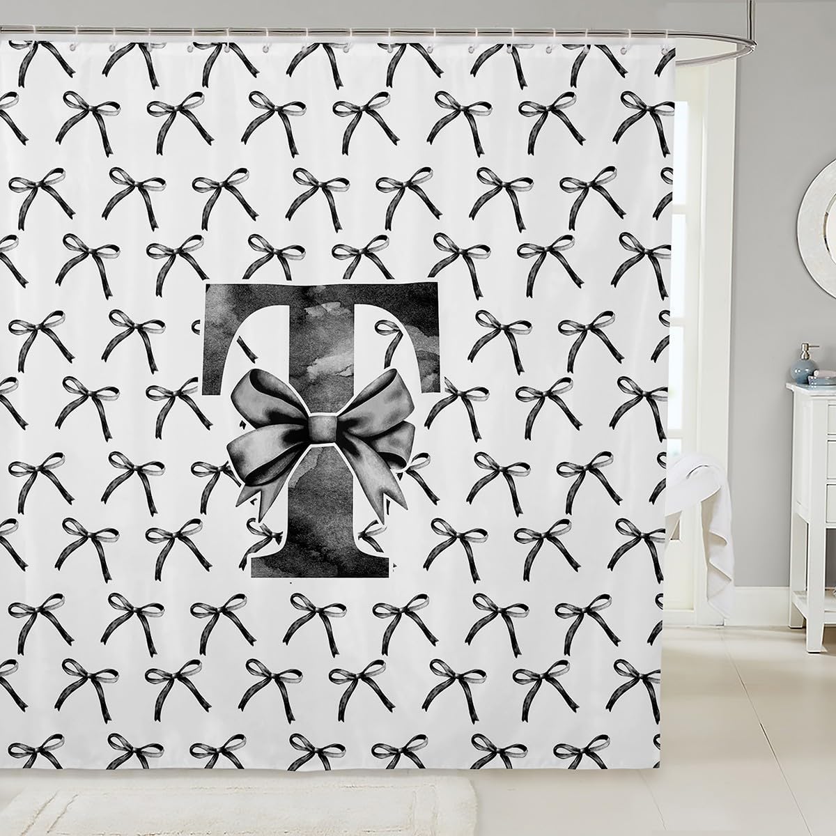 Manfei Cartoon Bowknot Kids Shower Curtain Set 72x72 Black Bow Tie Design