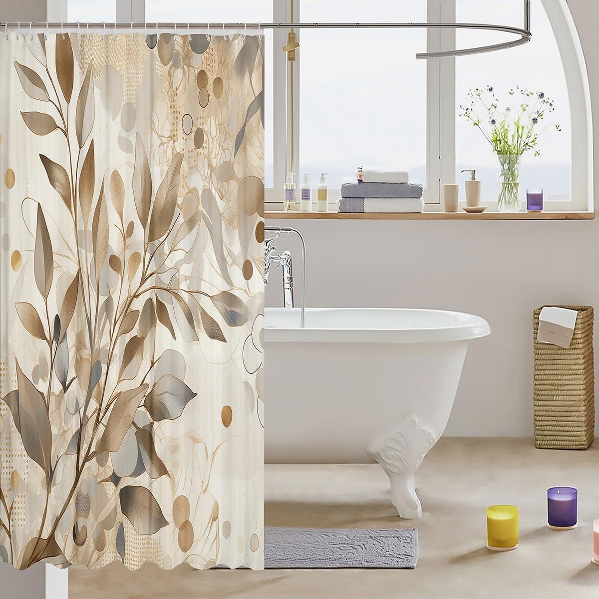 Feelyou Groovy Leaves 72x78 Brown Flower Bathroom Shower Curtain Durable Water Repellent