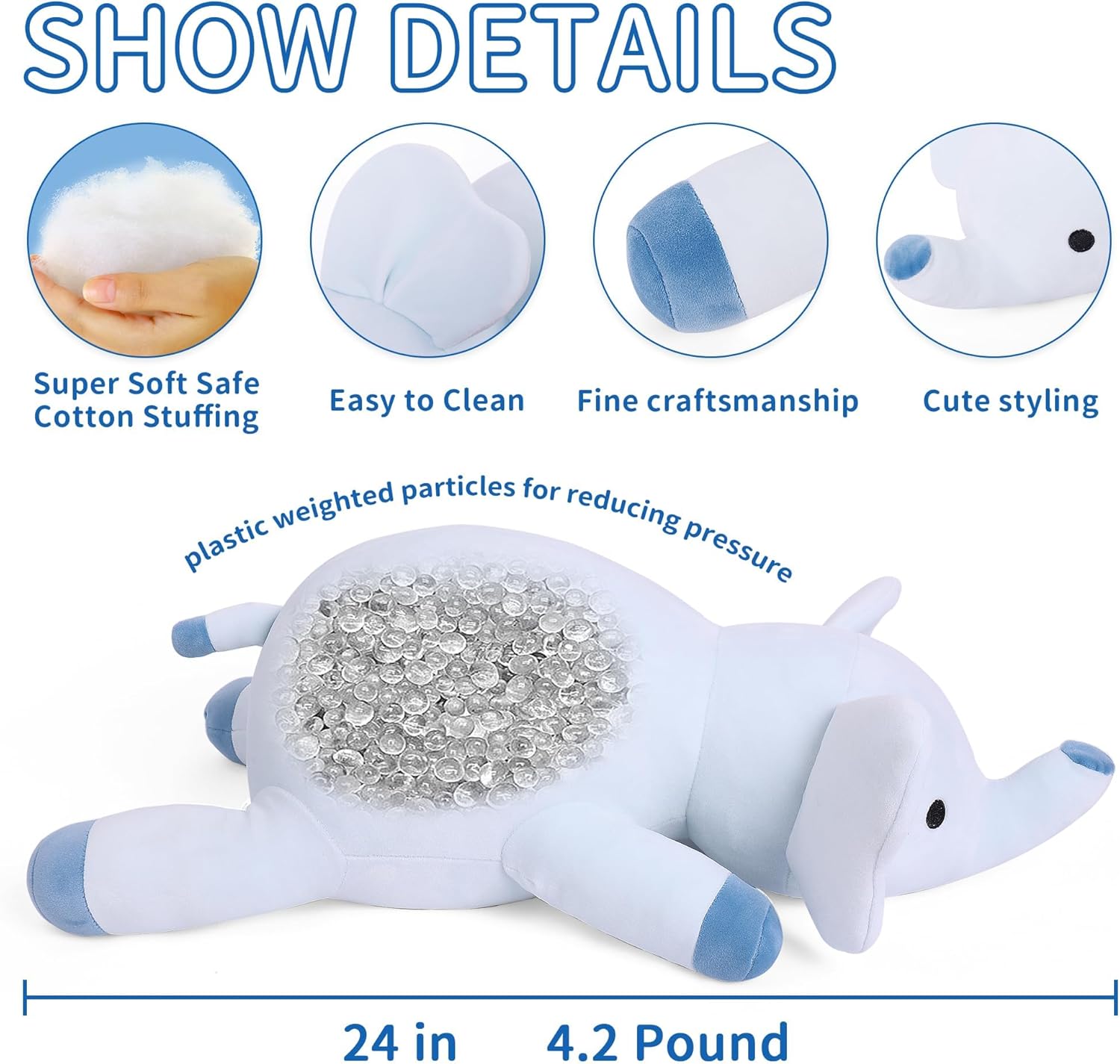 24 Blue Elephant Weighted Plush Toy - Hug Companion for Kids Adults