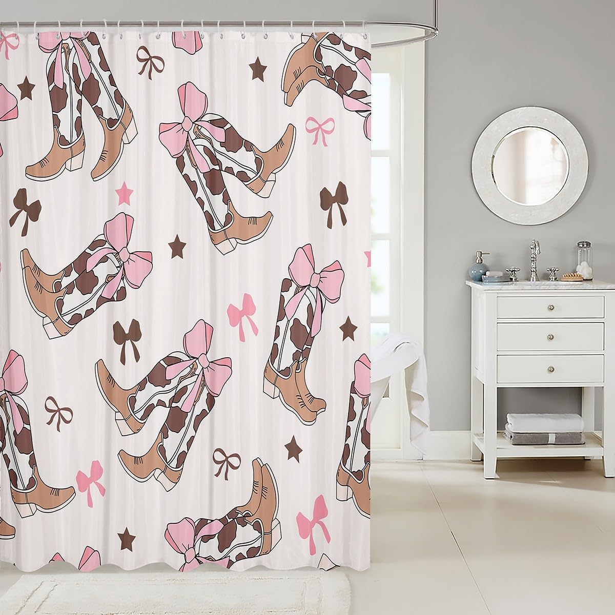 72x72 Beige Pink Western Bootstrap Shower Curtain Set with Bowknot Design