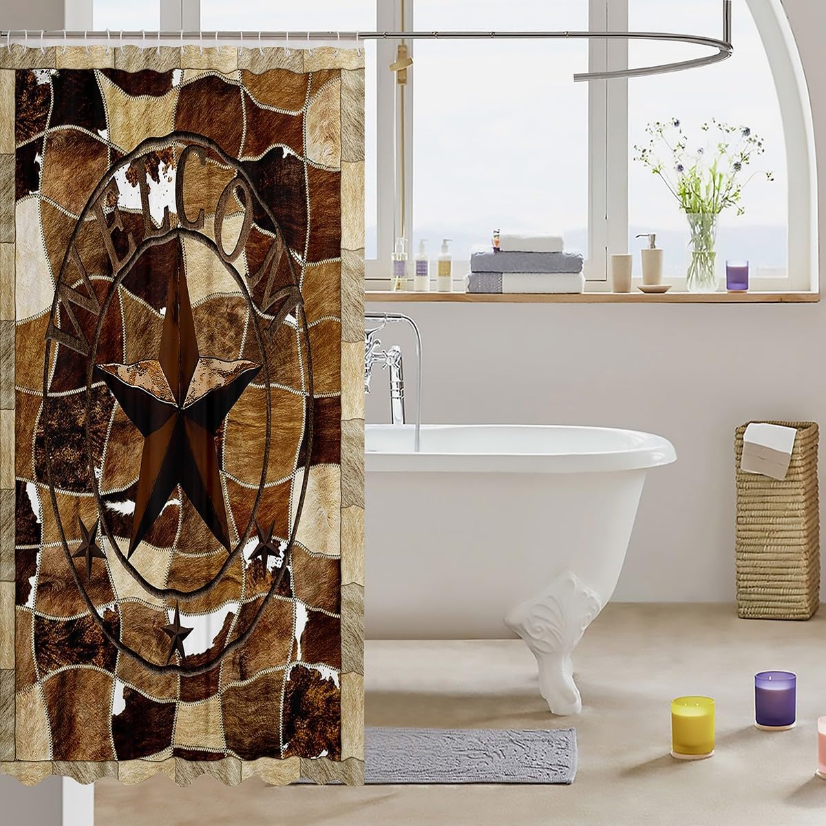 Vibrant Rustic Cowhide Bath Curtain Western Texas Star