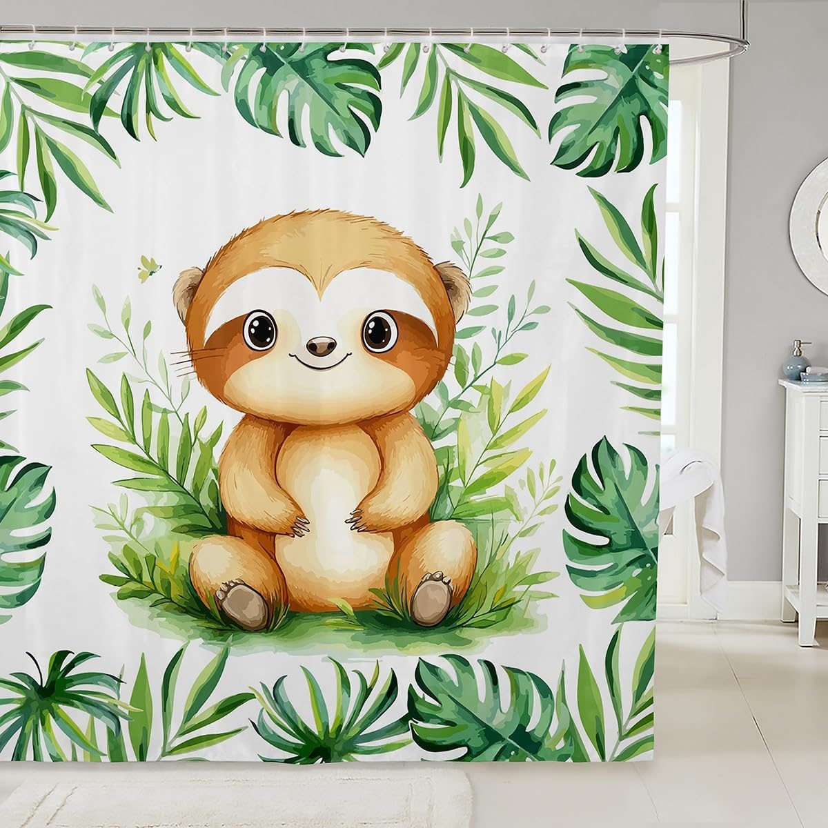 Manfei Kawaii Sloth - Tropical Leaves Plant Bath Curtain Set for Home Travel