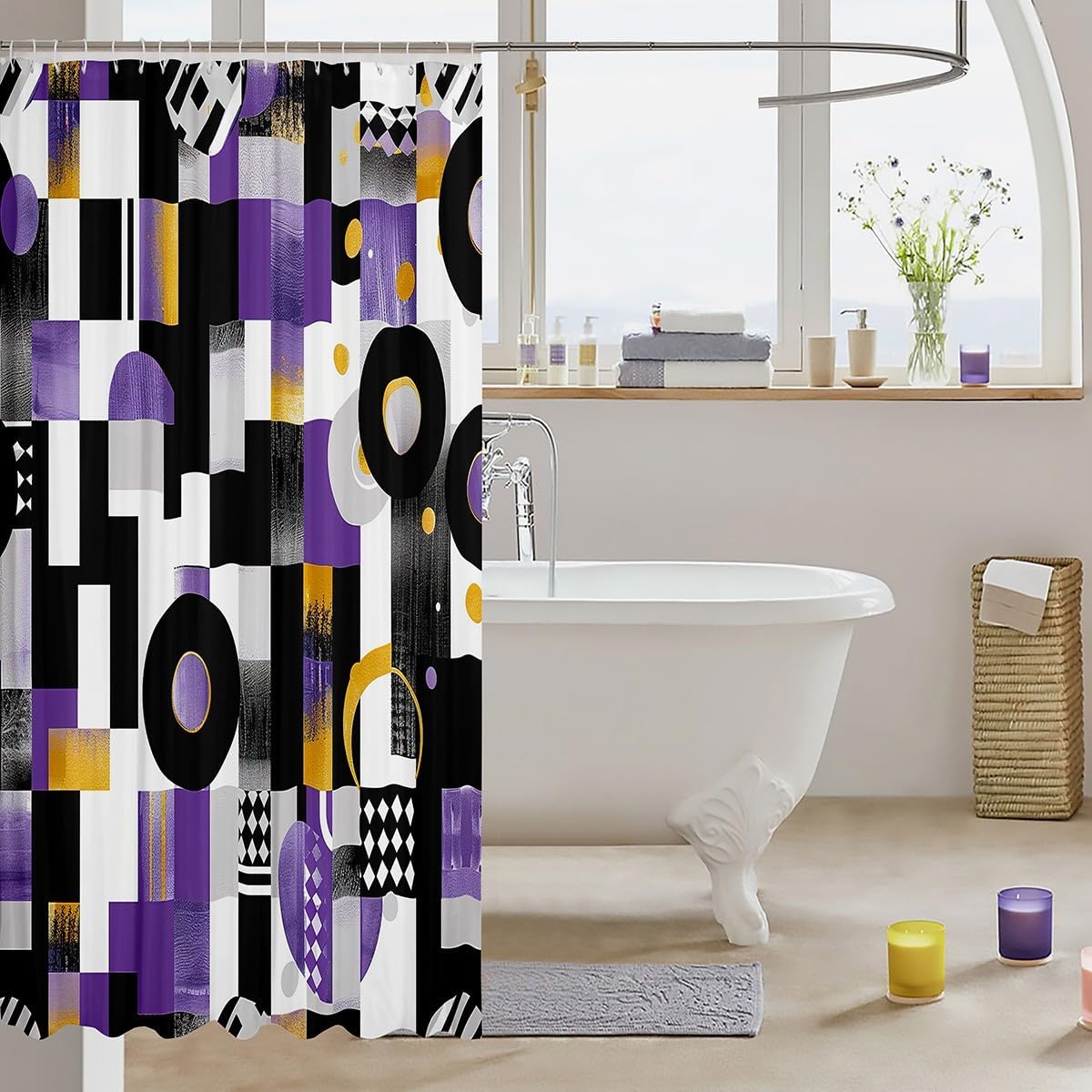 Manfei Geometric Shower Curtain with 12 Hooks