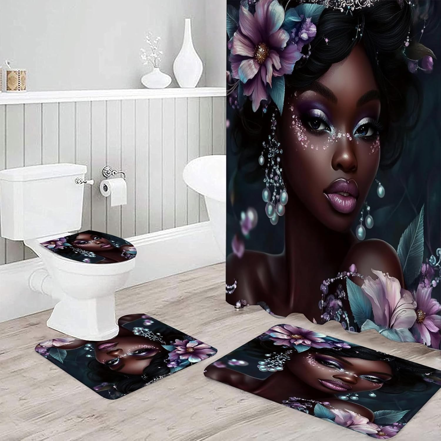 NEWSUYAA Black Girl Shower Curtain Set 4 Sets
