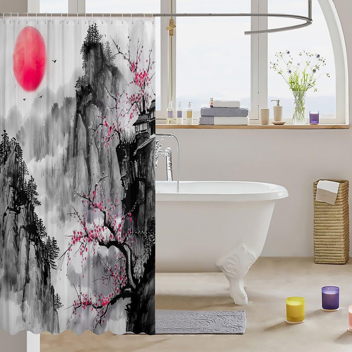 72x84 Red Cherry Blossoms Bomb Shell Bath Curtain