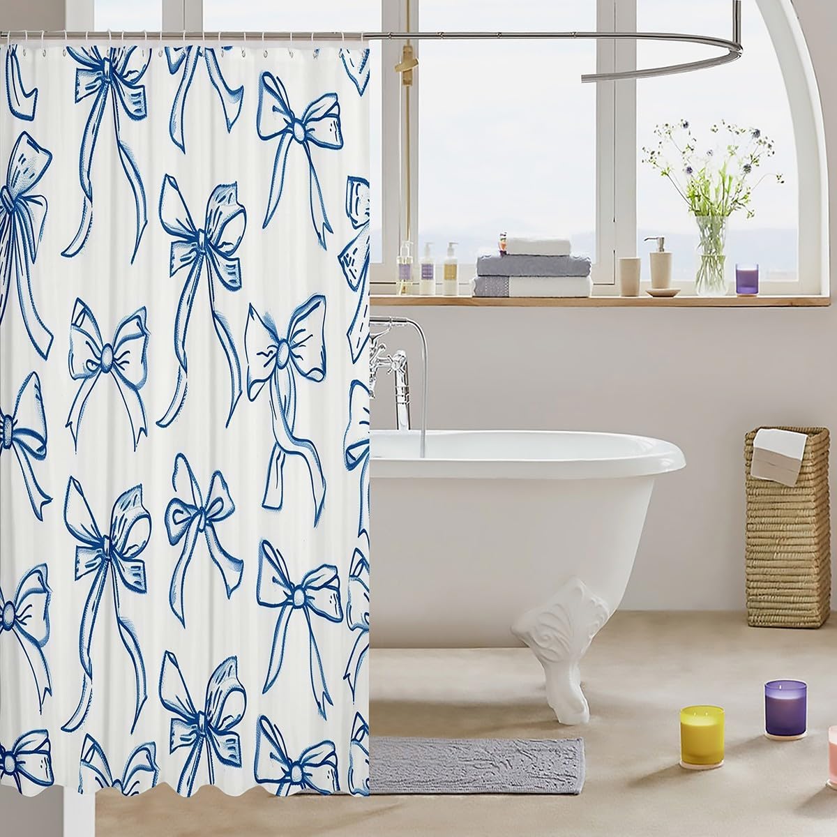 Feelyou Blue Bow Fabric Shower Curtain Cute Bowknot for Kids Boys Girls