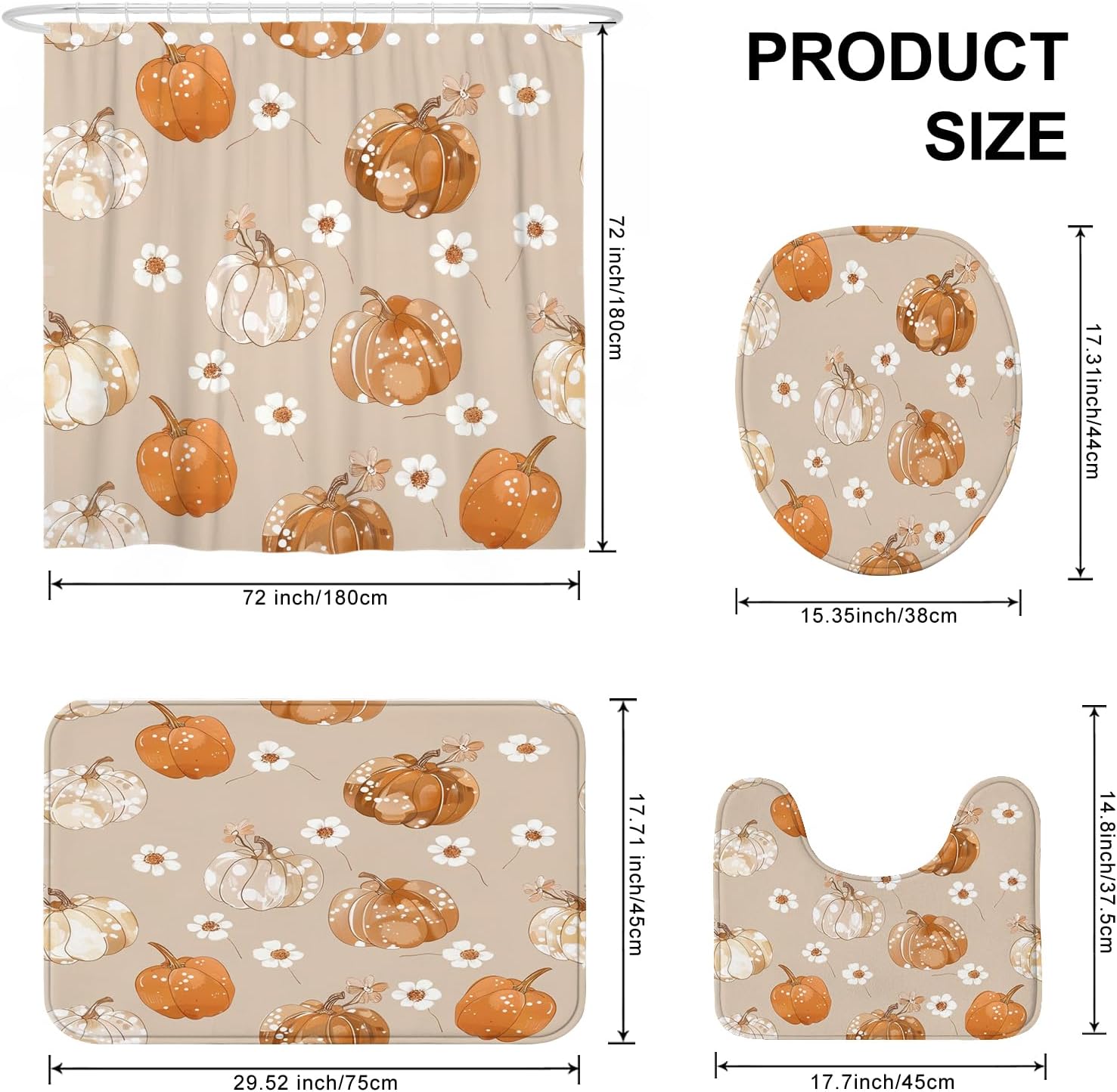 4PCS Fall Dot Pumpkin Shower Curtain Set with 72 x 72 Mat