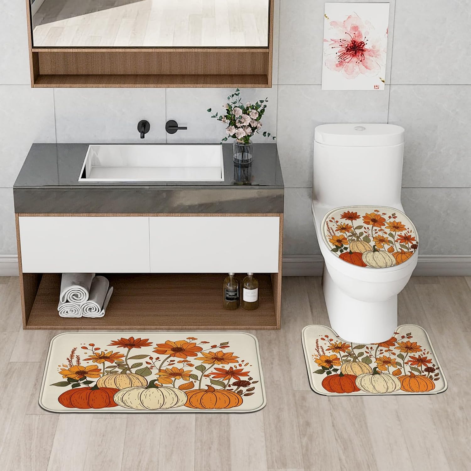 4PCS Fall Cream Pumpkin Shower Curtain Set