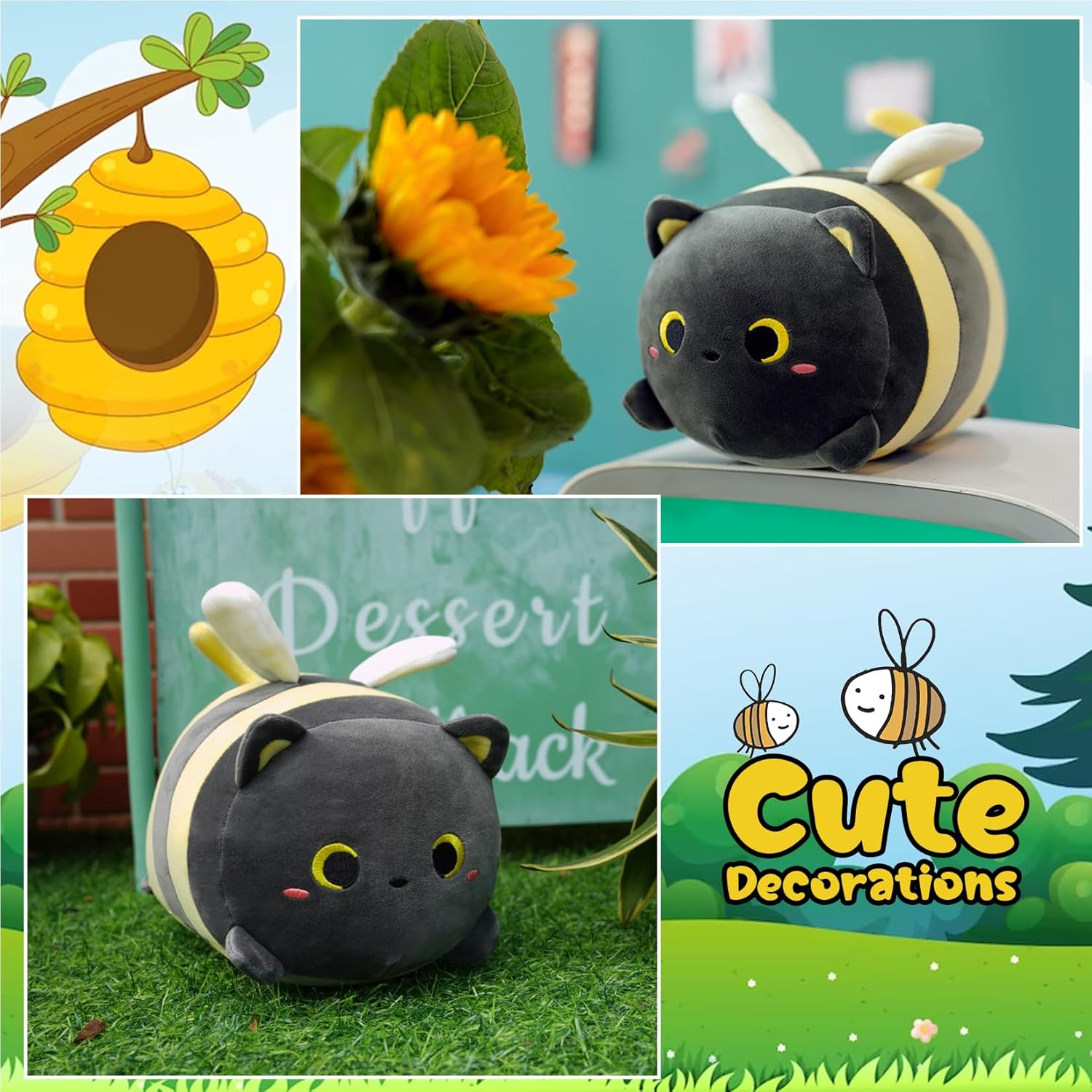 Black Cat Bee Plush Pillow