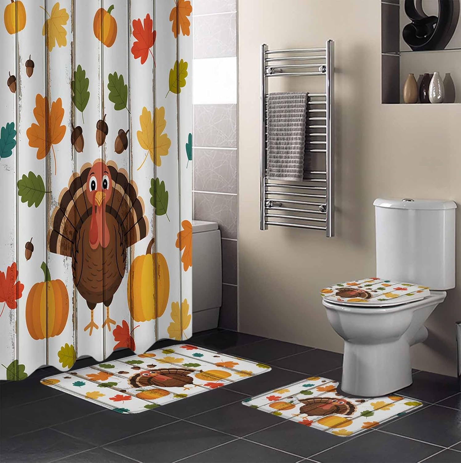 Thanksgiving 4-Piece Bath Set Turkey Acorn Shower Curtains Mats