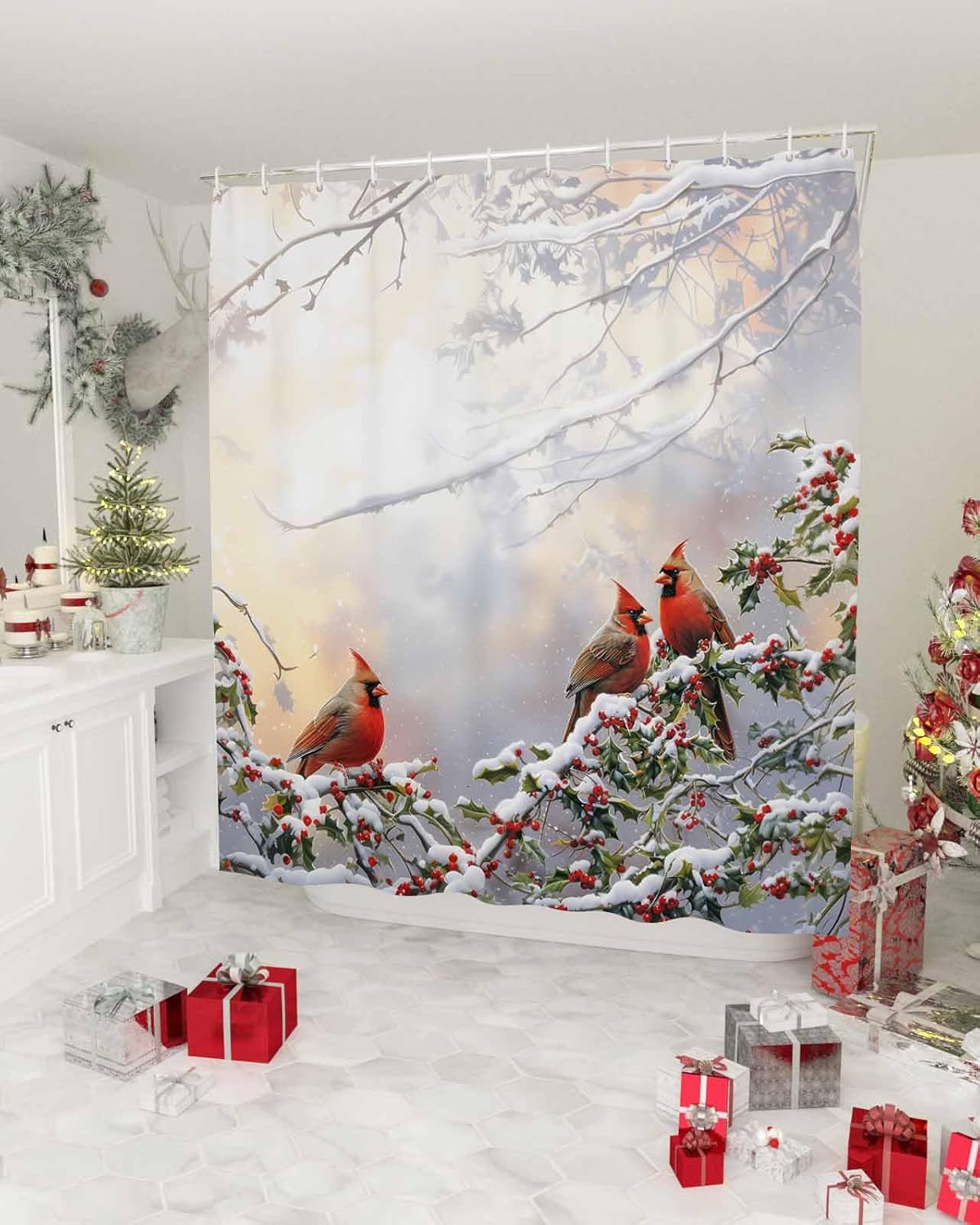 High-Quality Waterproof Bath Shower Curtain with Rustic Winter Birds Design