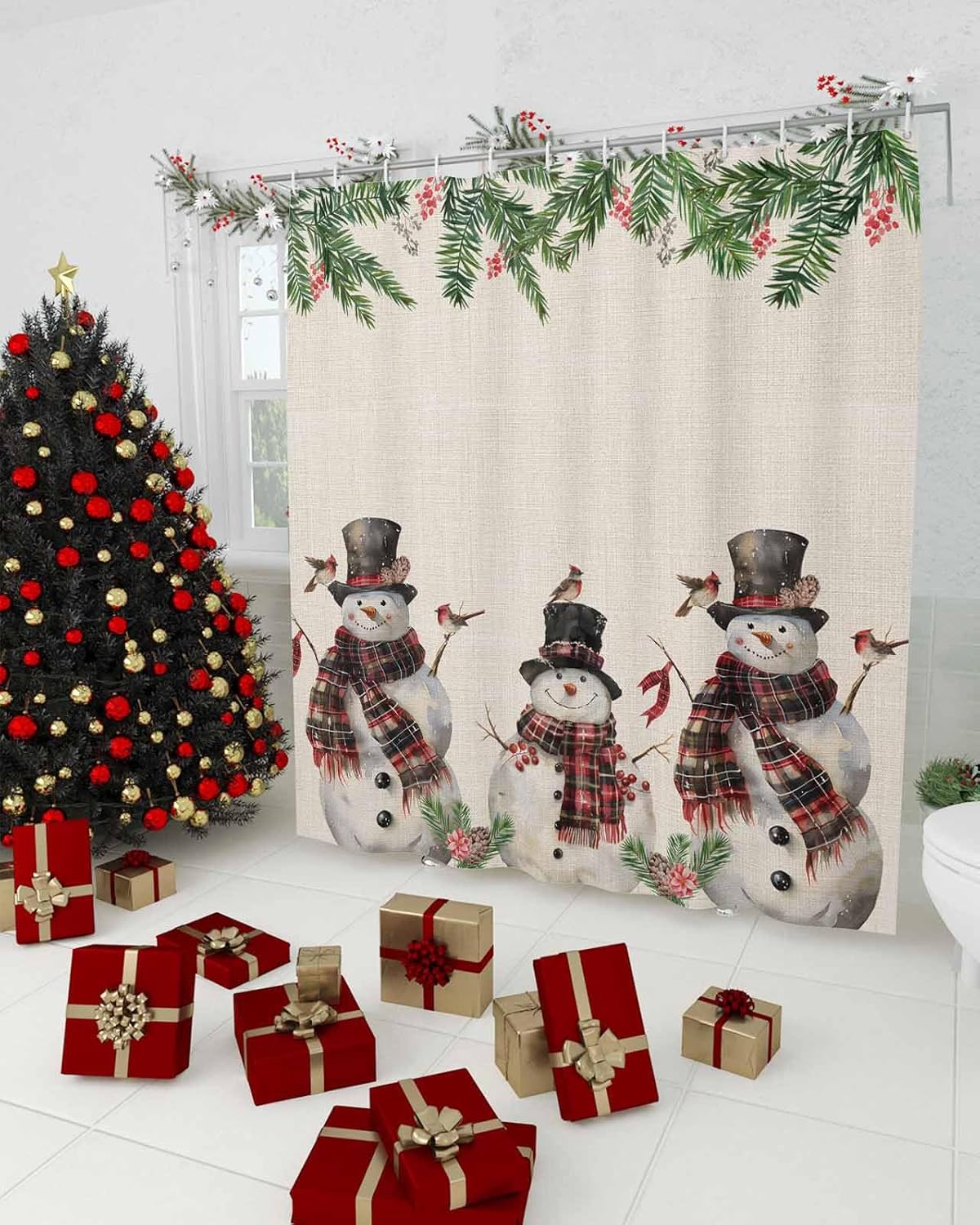 Anzona Christmas Snowman Waterproof Shower Curtain Set