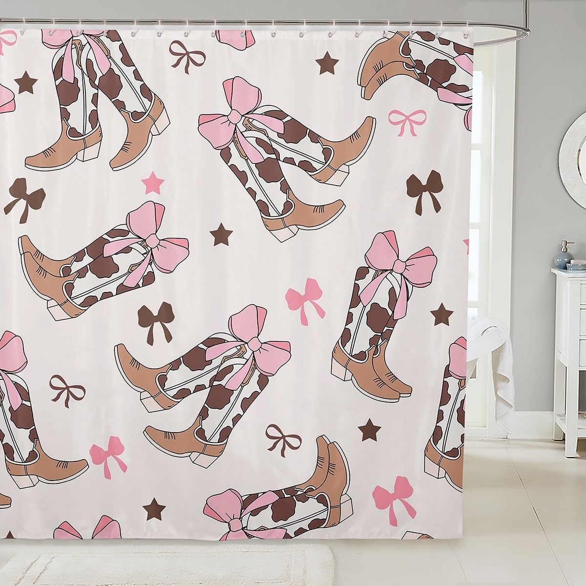 72x72 Beige Pink Western Bootstrap Shower Curtain Set with Bowknot Design