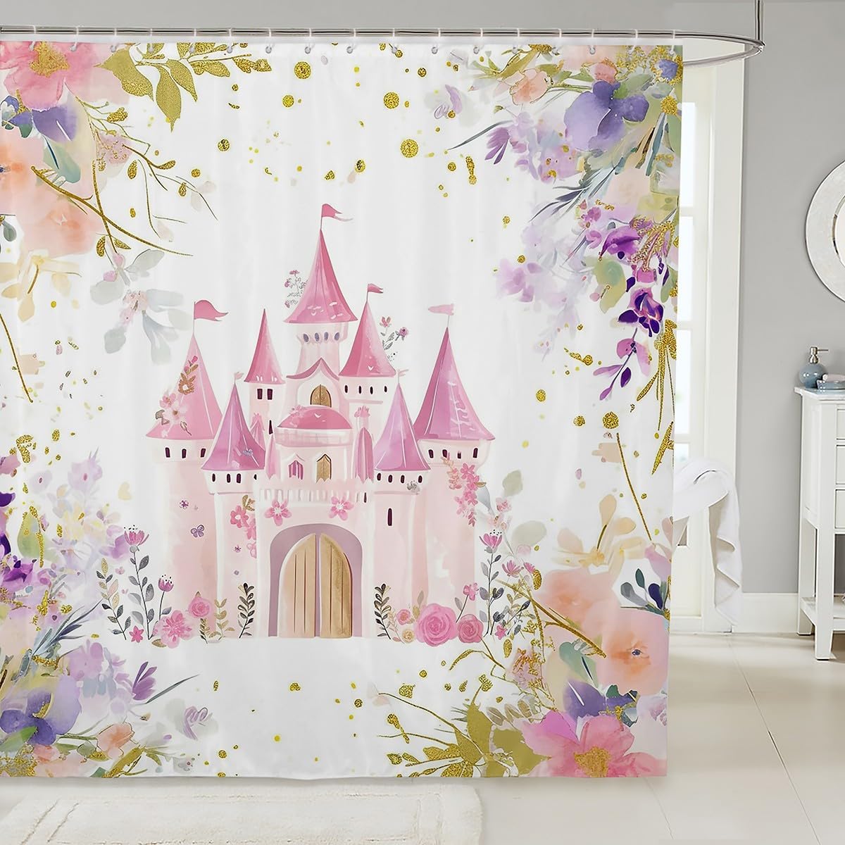 Stylish Pink Castle Kids Bathroom Curtain
