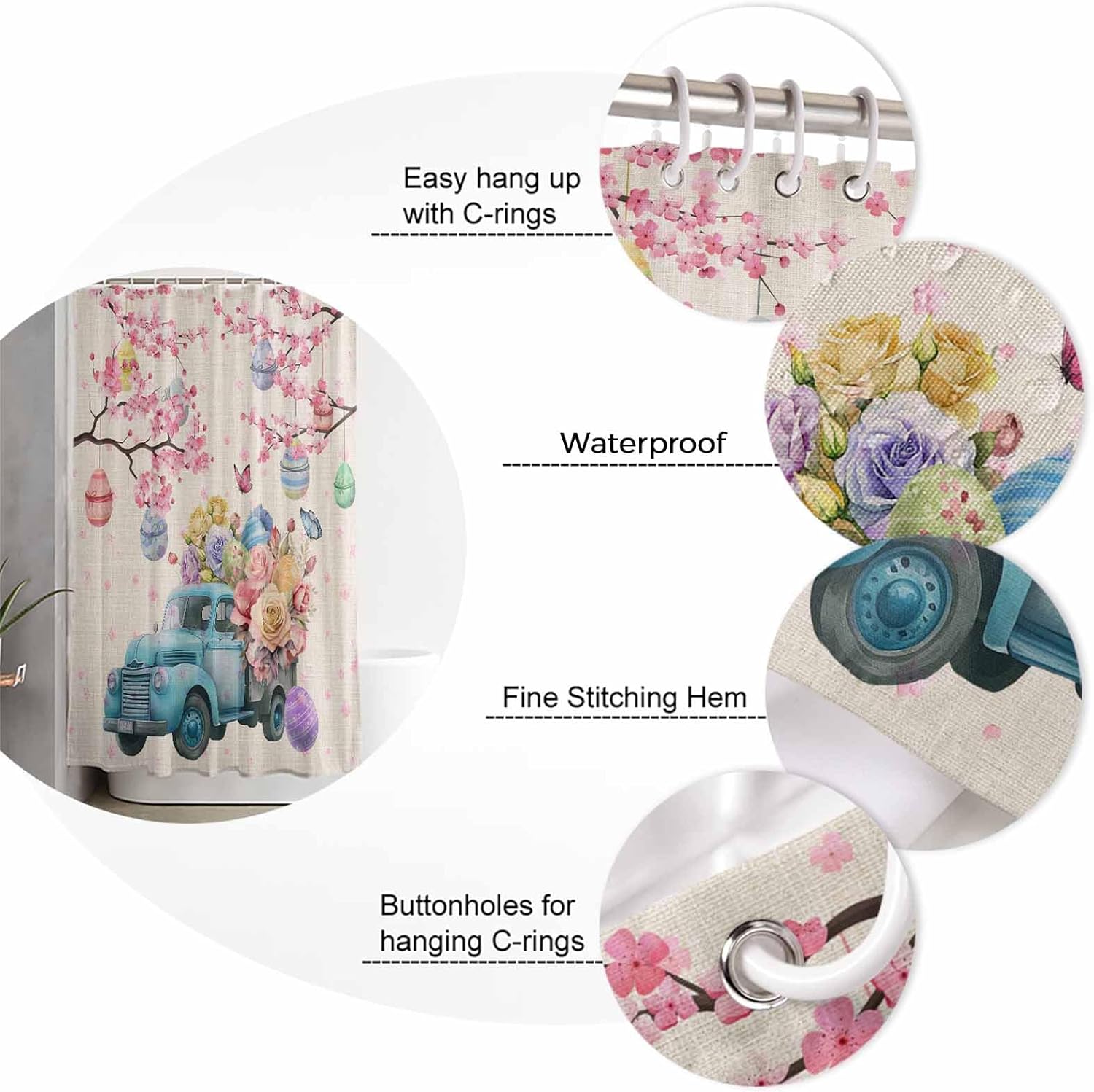 ZOE GARDEN Blue Easter Truck 36x72 Bath Shower Curtain with Hook