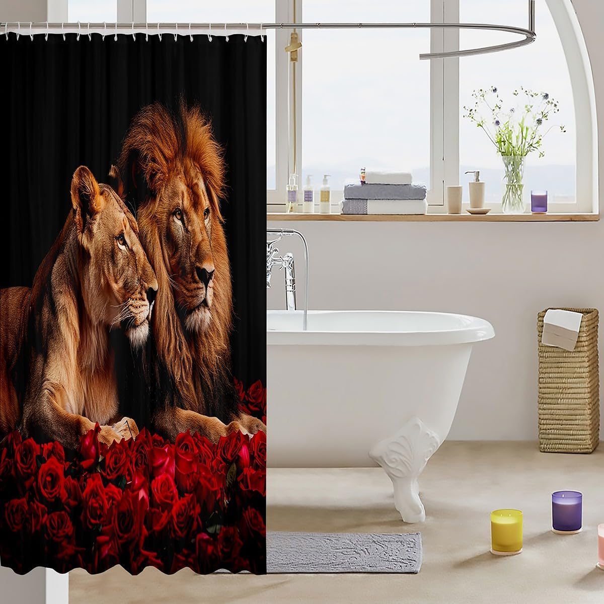 Manfei Lion Couples Shower Curtain 72x84-Inch waterproof bathroom curtain with 12 hooks