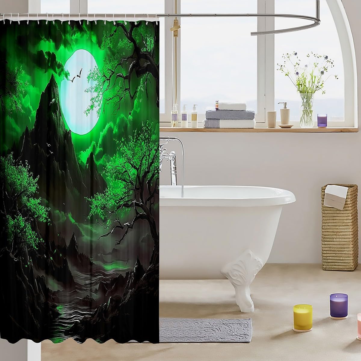 Jejeloiu Japanese Style Shower Curtain 72x84 Green Cherry Blossoms Waterproof Kids Bathroom Curtain