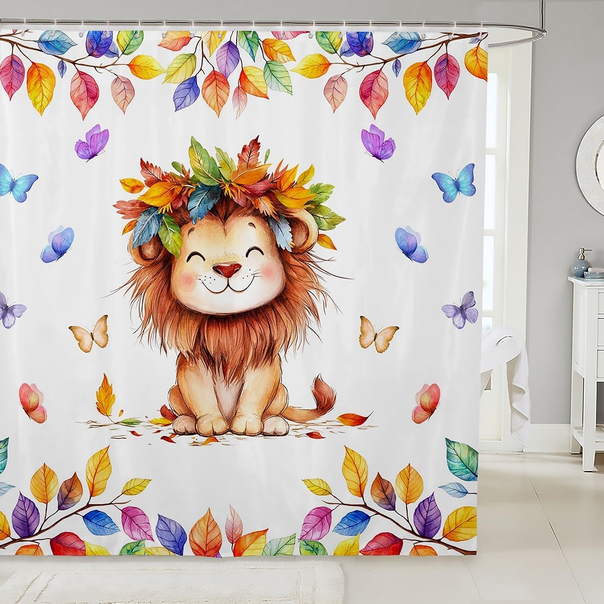Kawaii Lion Waterproof Bathroom Curtain for Kids