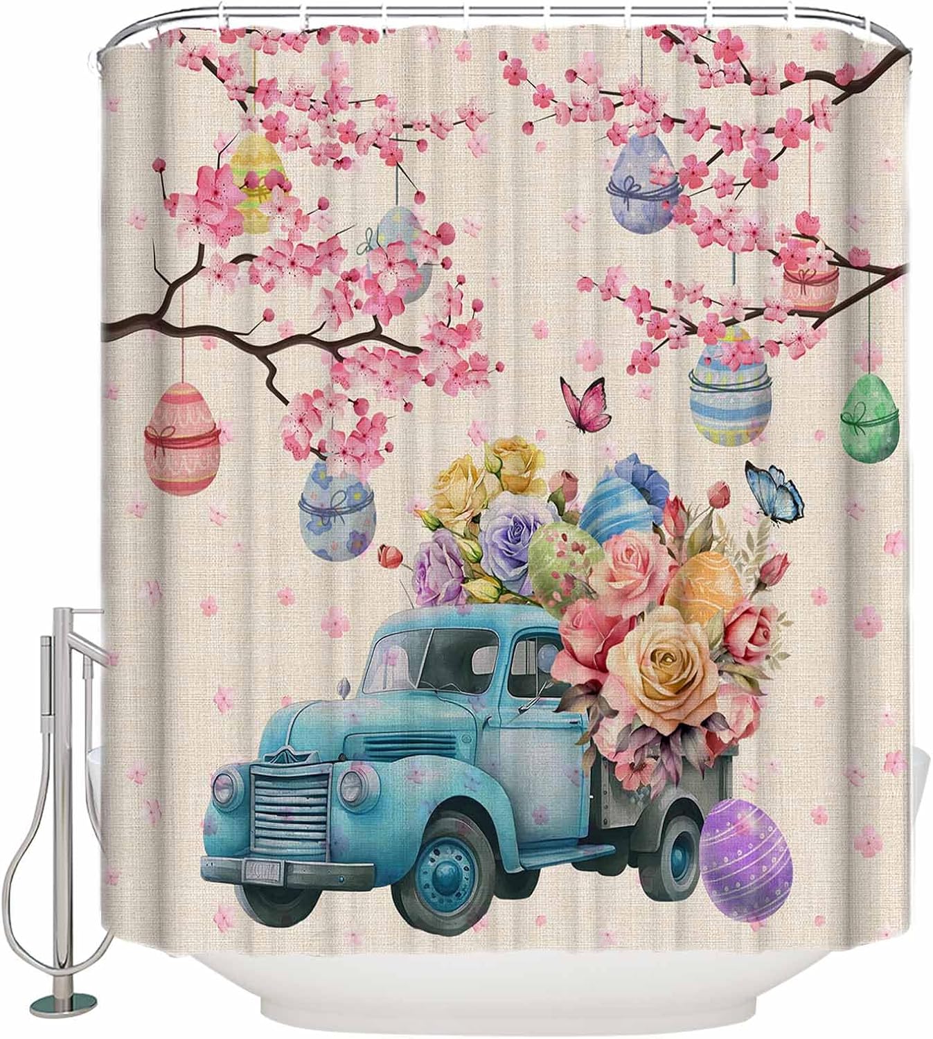 ZOE GARDEN Blue Easter Truck 36x72 Bath Shower Curtain with Hook