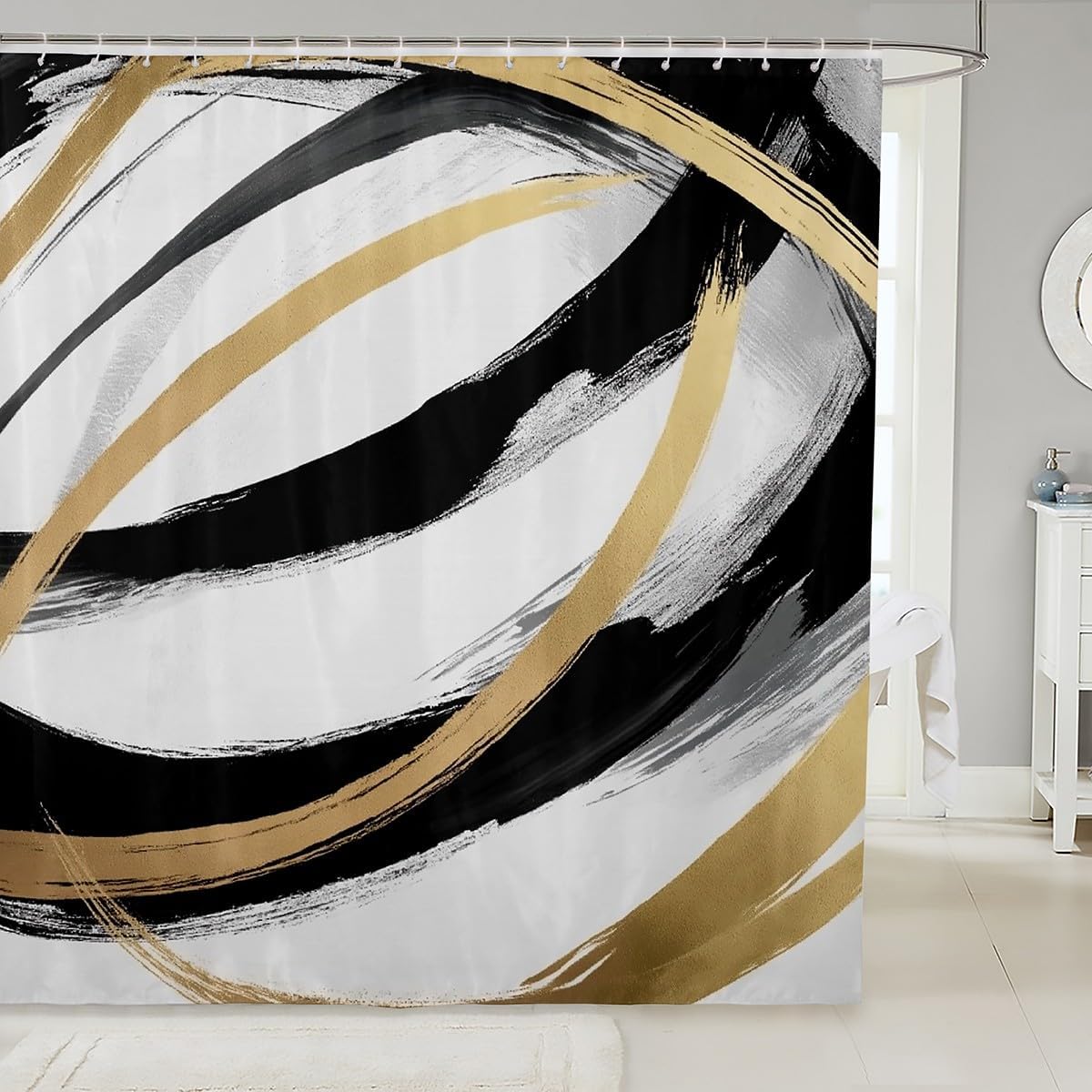 Patterned 72x72 Black White Geometric Washable Shower Curtain Set