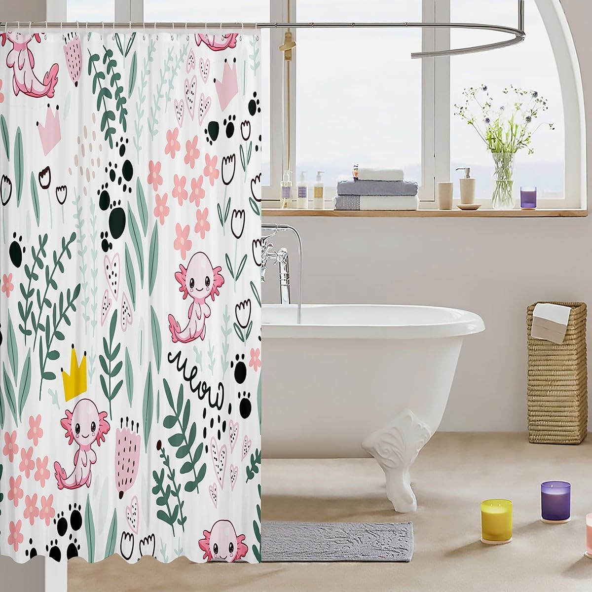 Manfei Axolotl Flower Print Waterproof Shower Curtain Set with 12 Hooks