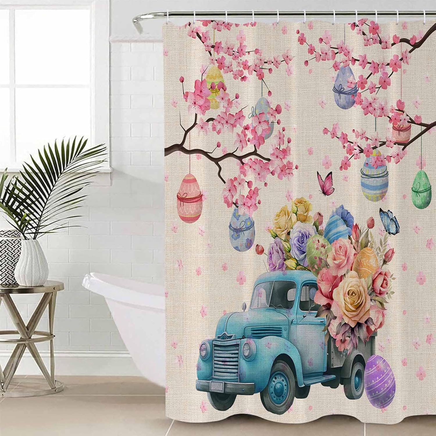 ZOE GARDEN Blue Easter Truck 36x72 Bath Shower Curtain with Hook