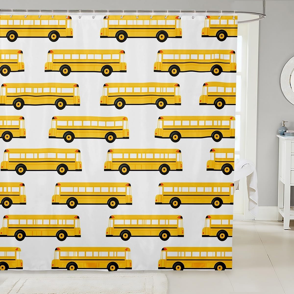 Bring Vivacity to Your Bathroom with the RezsoyeN Yellow Bus Shower Curtain Set