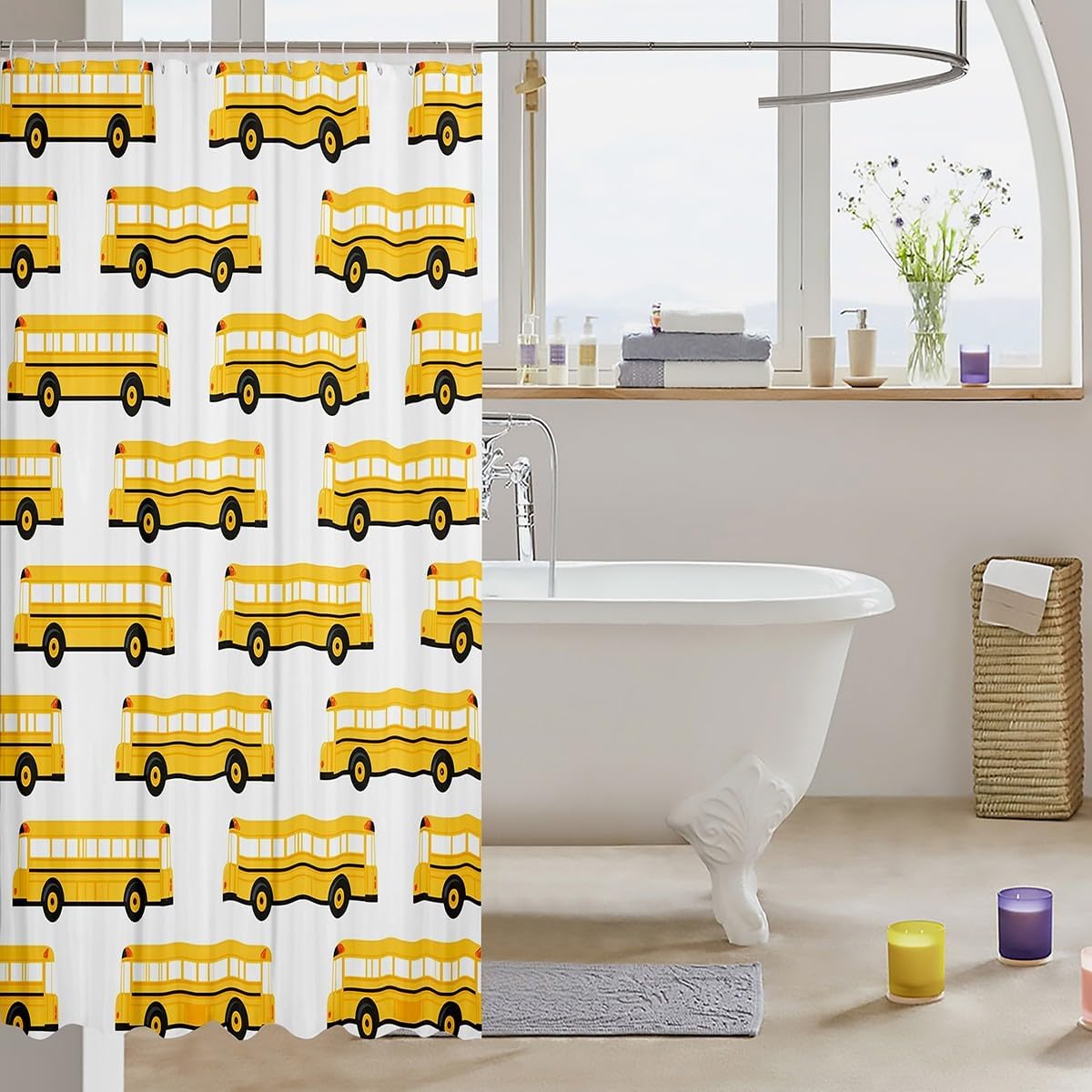 Bring Vivacity to Your Bathroom with the RezsoyeN Yellow Bus Shower Curtain Set