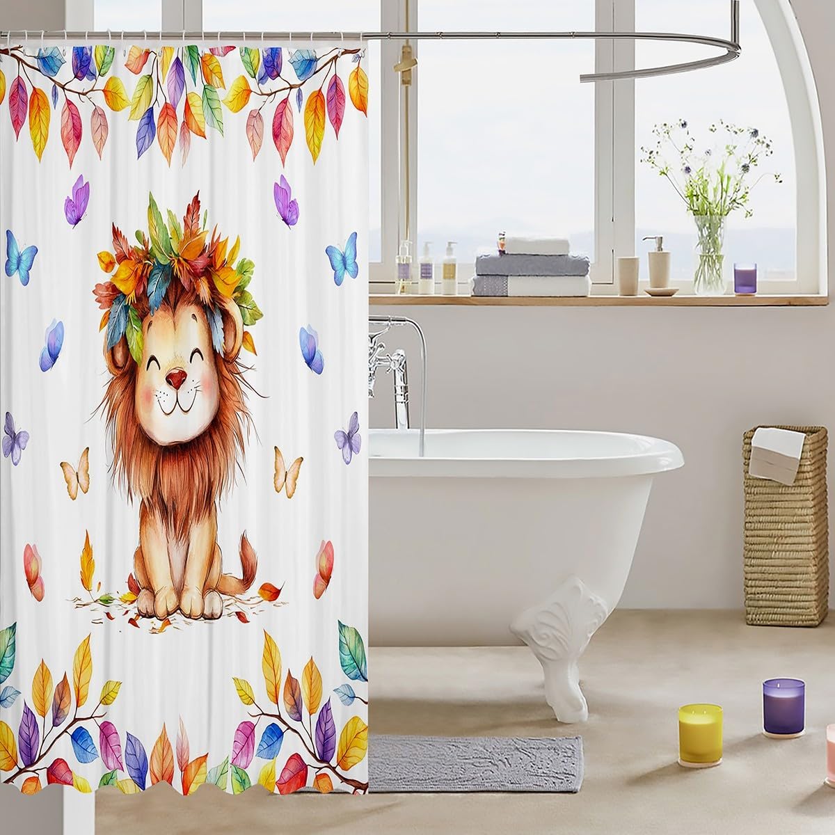 Kawaii Lion Waterproof Bathroom Curtain for Kids