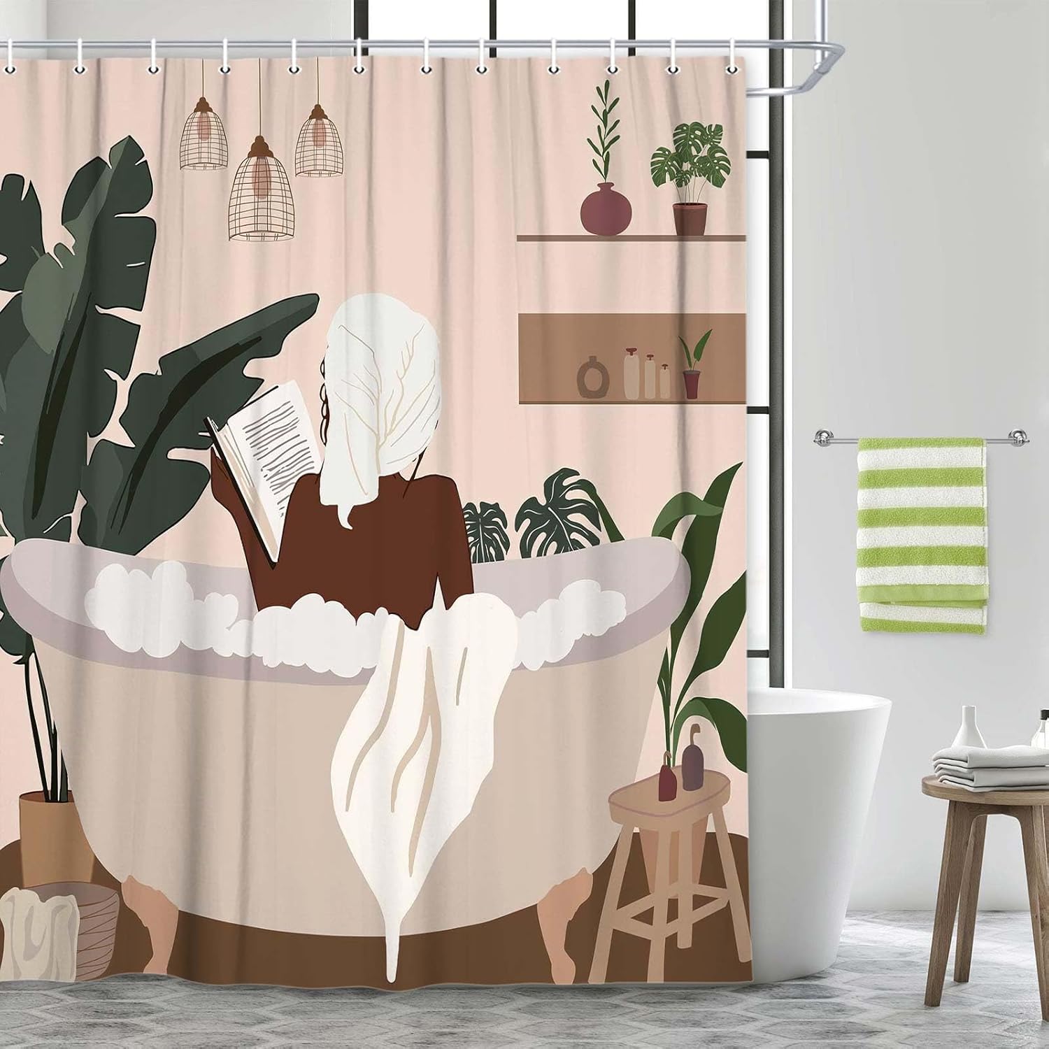 DYNH Boho Black Girl Afro Art Shower Curtain Set 47x64IN