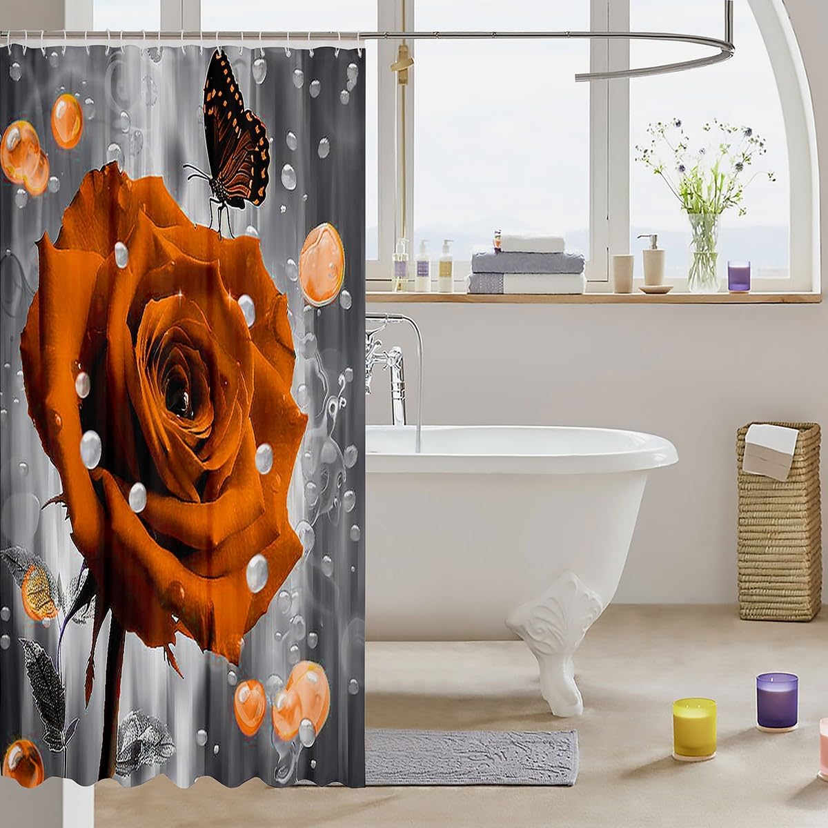 Feelyou Kids Orange 3D Rose 72x78 Butterfly Bath Curtain for Boys Girls