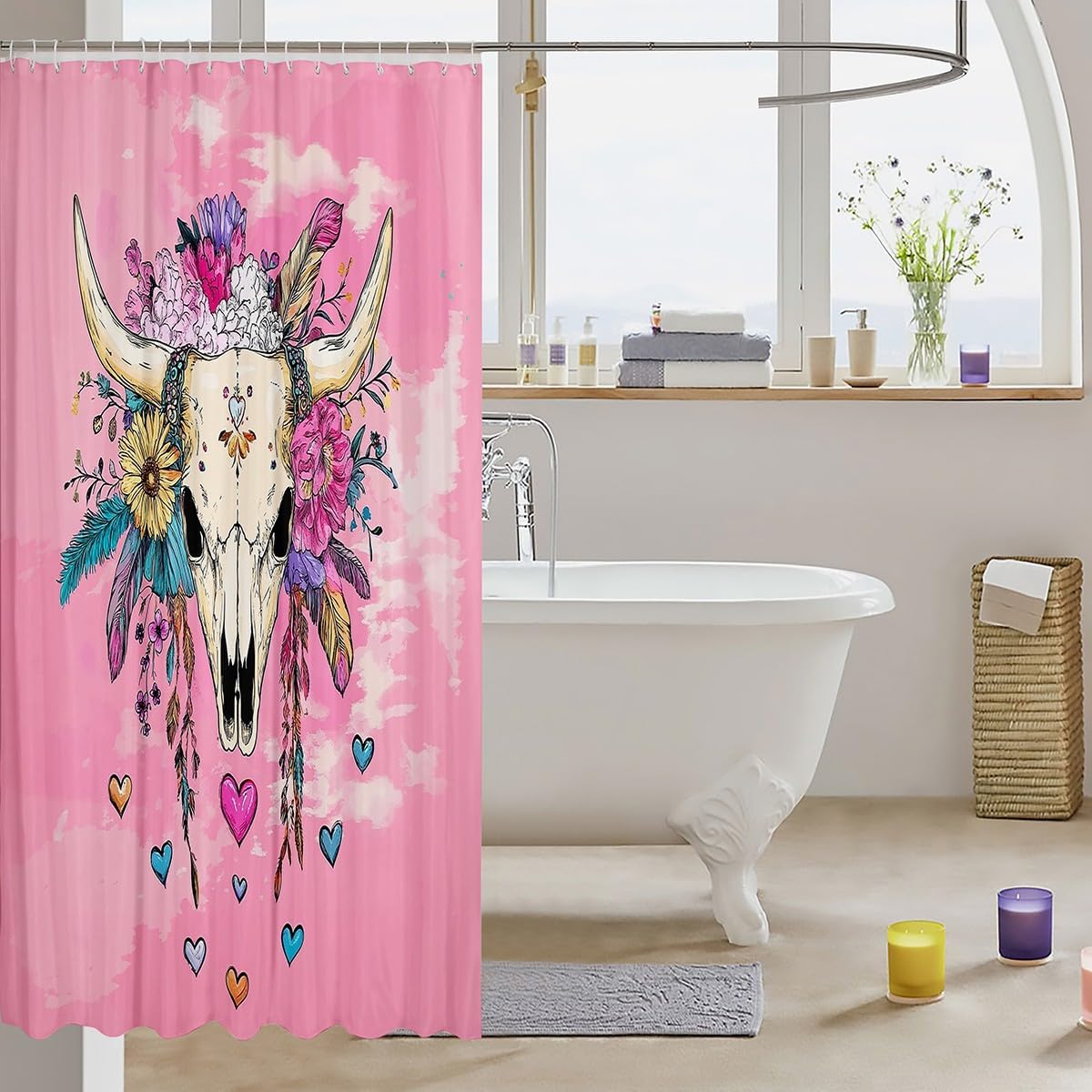 Feelyou Pink Boho Skull Bath Curtain Set for Kids