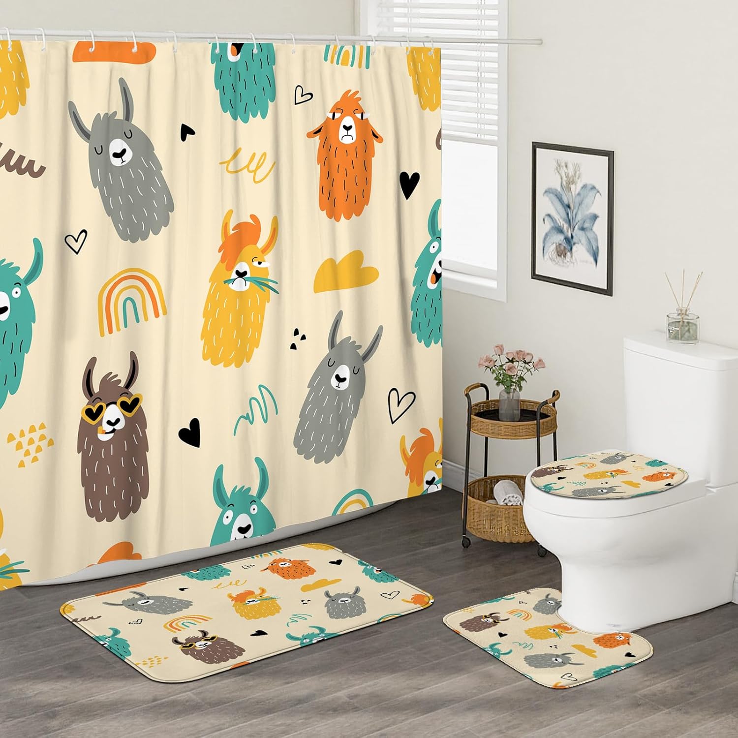 4PCS Cartoon Llama Bath Set with Non-Slip Rug U Toilet Covers