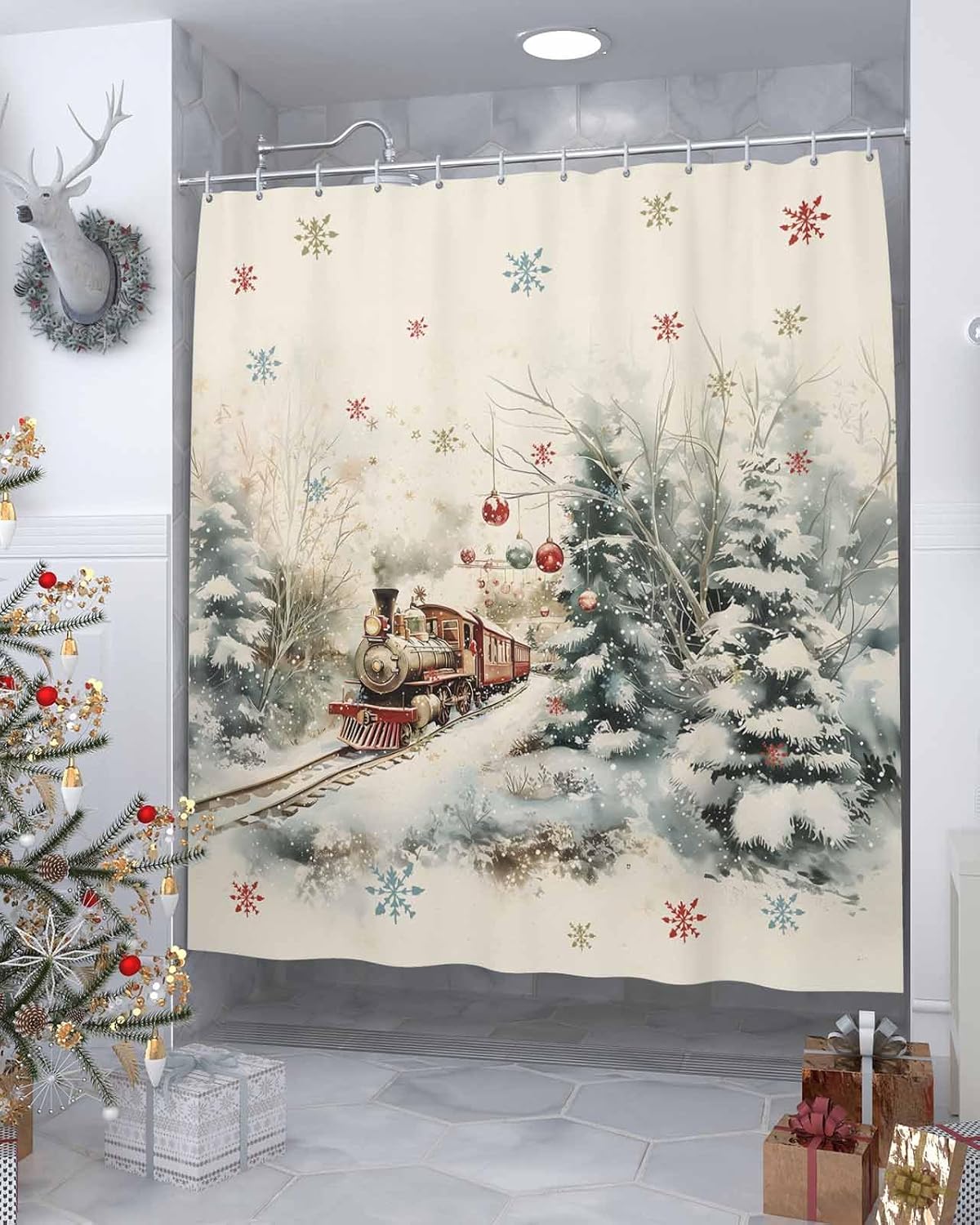 Perfect Christmas Train Forest Fabric Shower Curtain Set 36x72-Inch