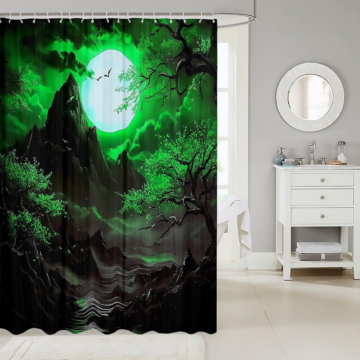 Jejeloiu Japanese Style Shower Curtain 72x84 Green Cherry Blossoms Waterproof Kids Bathroom Curtain