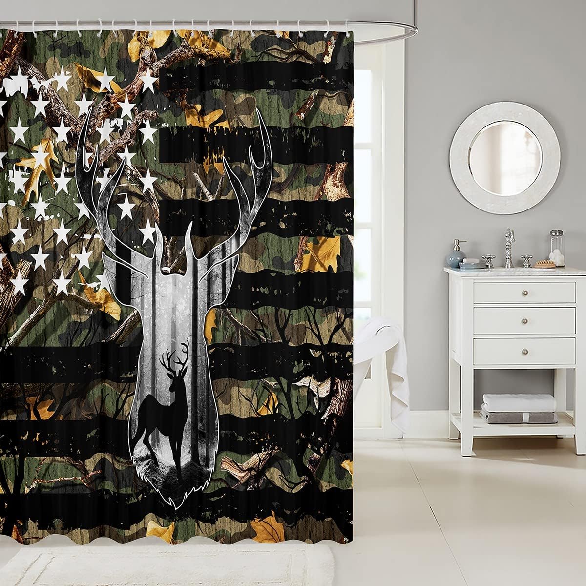 Manfei Deer Antler Silhouette Kids Shower Curtains Camo American Flag