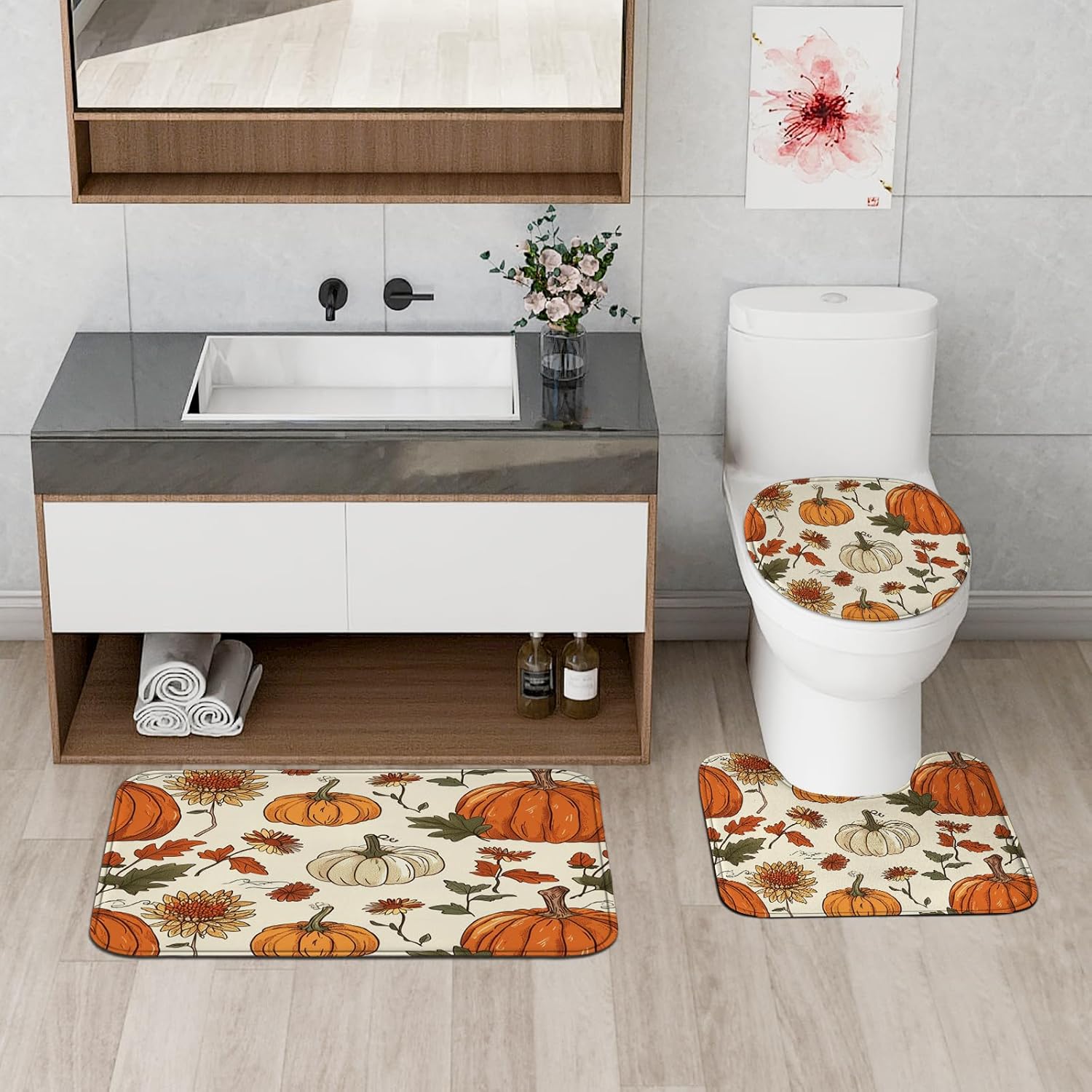 Autumn-themed shower curtain set for home decor