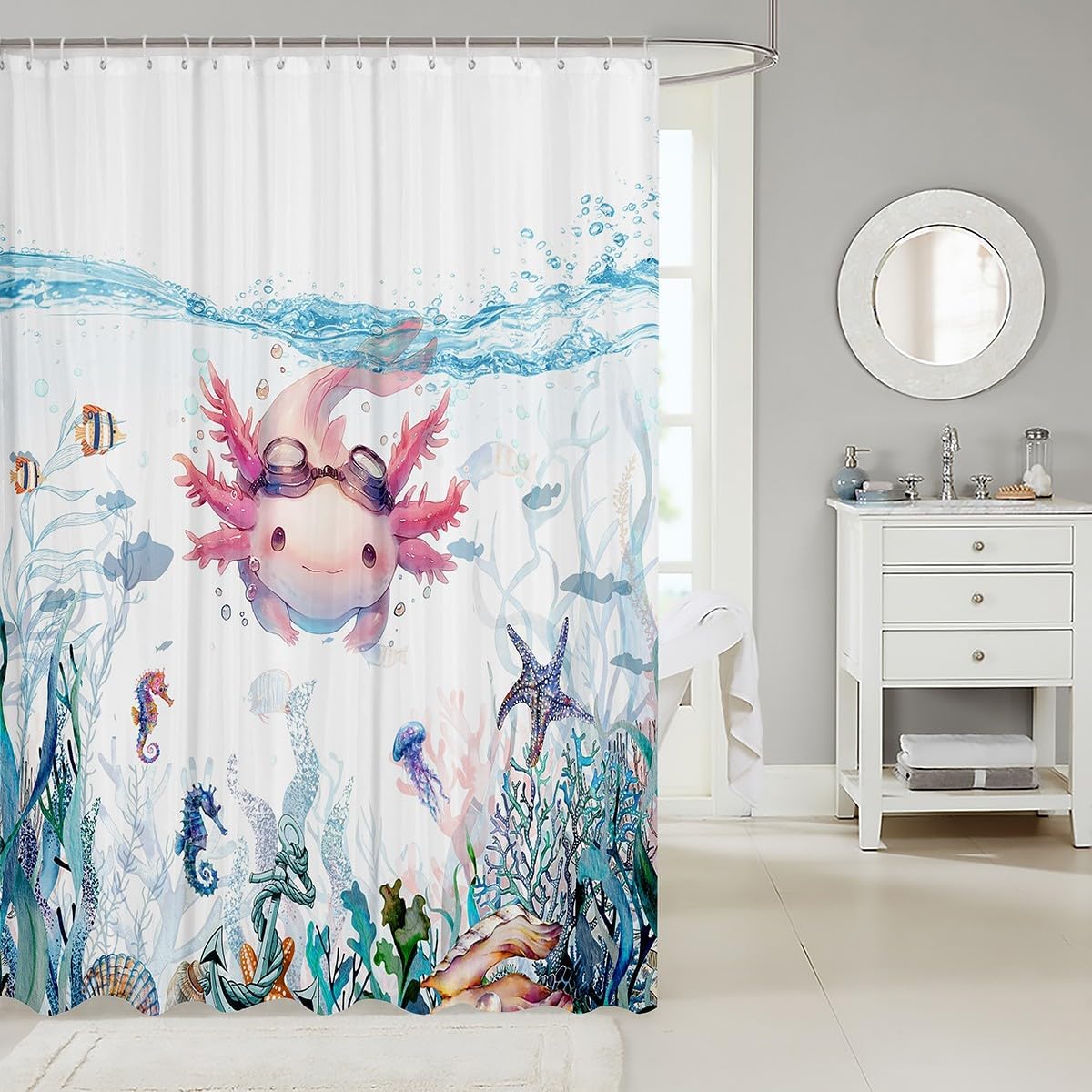 Feelyou Cute Axolotl Digital Printing shower curtain set for kids