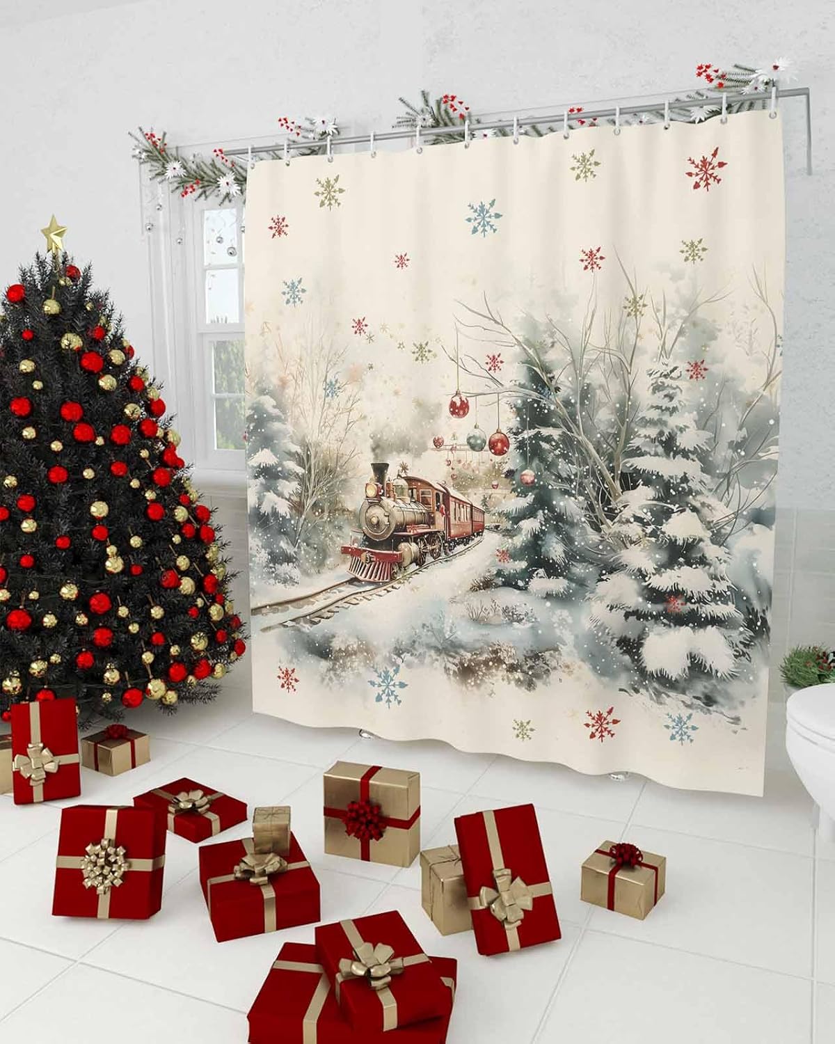 Perfect Christmas Train Forest Fabric Shower Curtain Set 36x72-Inch